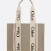 Women CHLOÉ Woody medium tote bag in linen and leather
