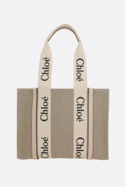 Women CHLOÉ Woody medium tote bag in linen and leather